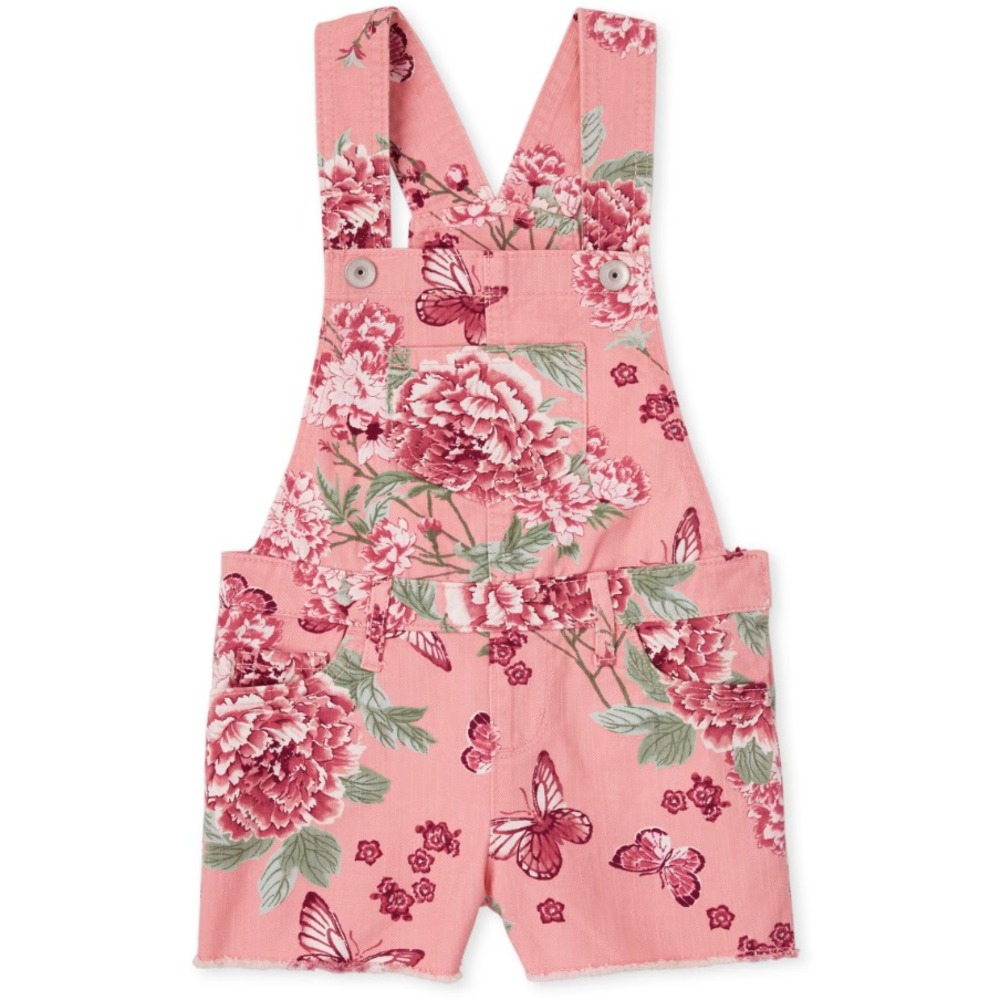 The Childrens Place Girls Pink Floral Butterfly Denim Shortalls Overalls Size 5